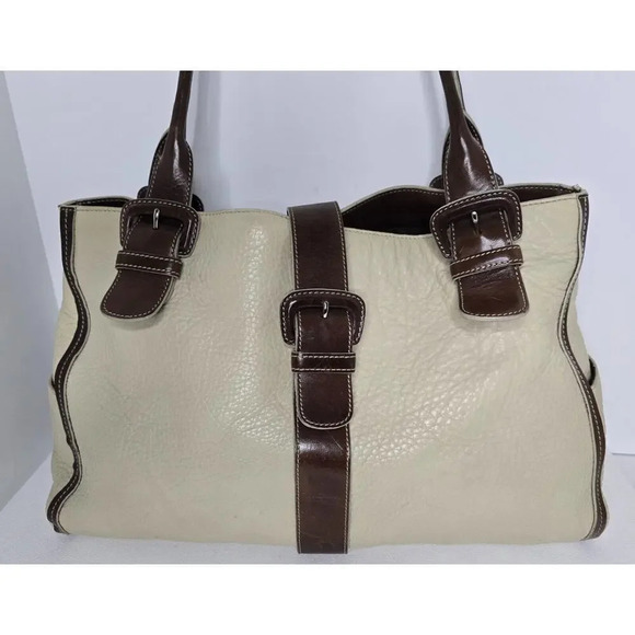 LEVENGER BRIEFCASE SHOULDER WORK TOTE BAG 3 COMPARTMENTS Creme/Tan LEATHER - Picture 2 of 14